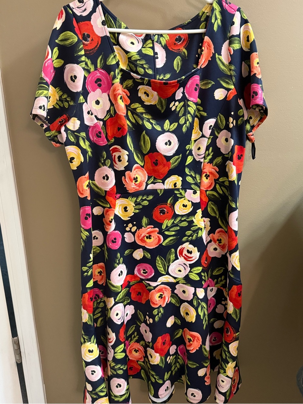 Lane Bryant Navy Floral Short Sleeve A-Line Dress